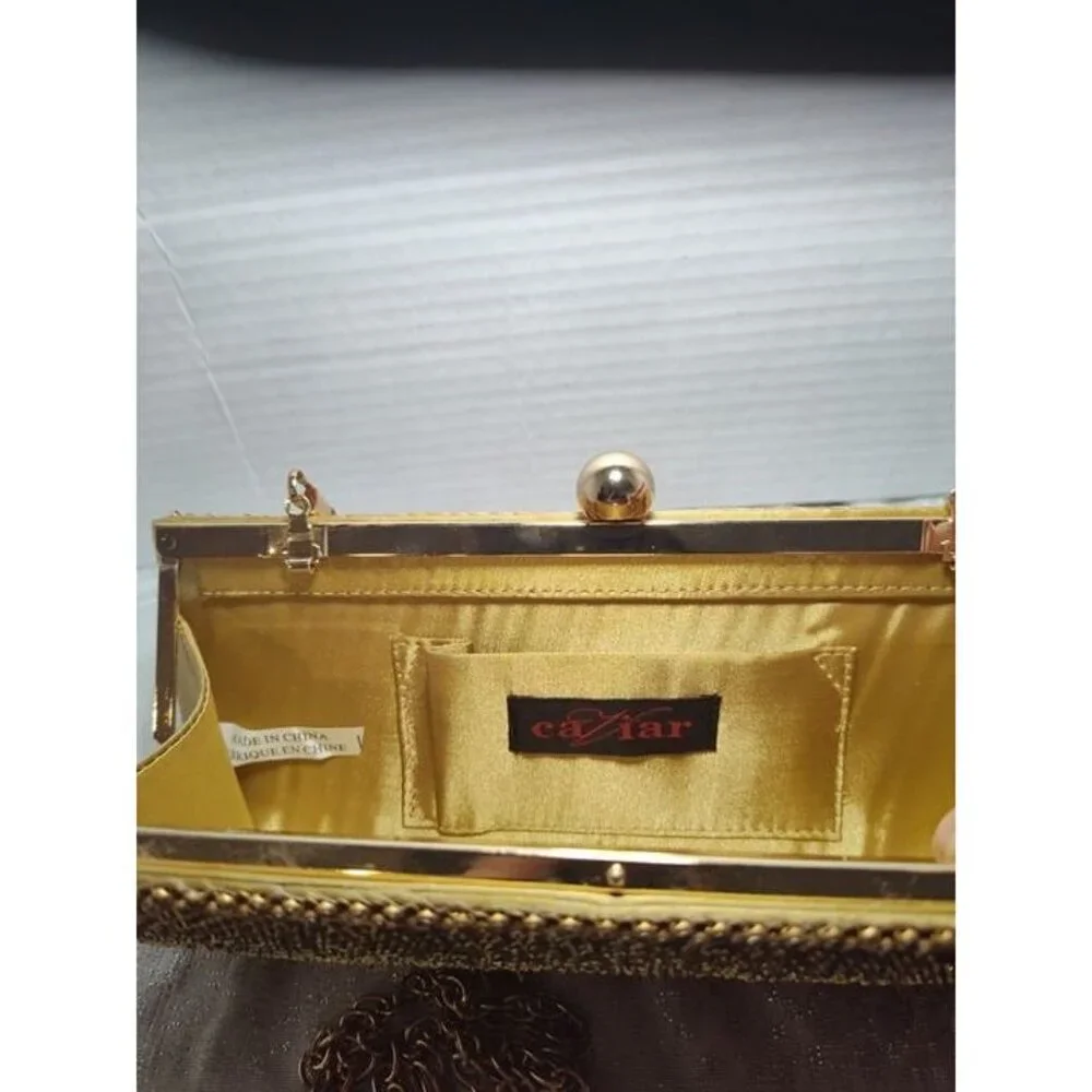 Vintage Retro Caziar Chainmail Clutch Bag Matte Gold‎ With Clasp Chain Strap